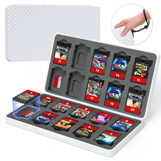 Klipdasse Switch Game Case for Nintendo Switch 2/Switch/OLED - with the Lanyard for Switch Cartridges with 20 Game Card Slots & 20 Micro SD Card Slots  Magnetic Closure  Hard Shell Case (White)