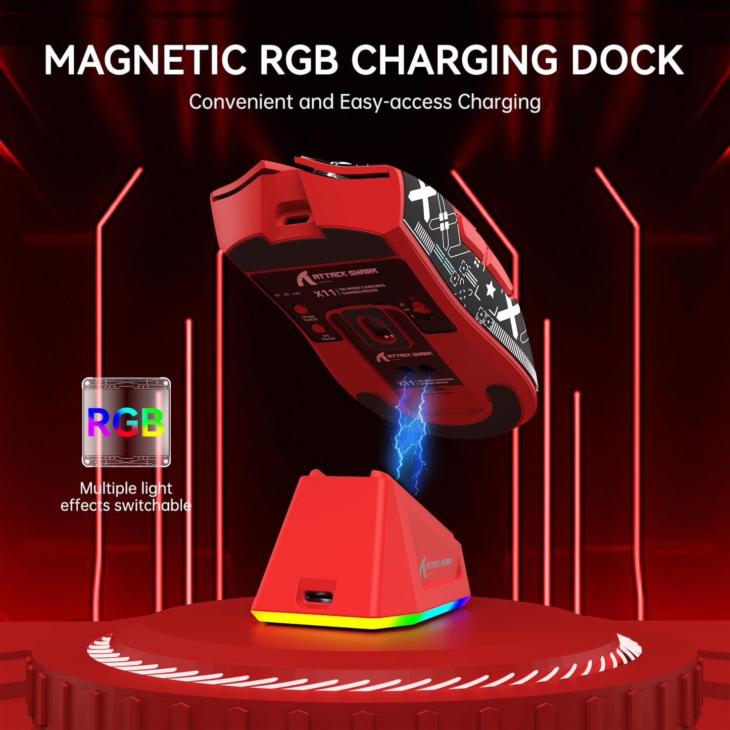 ATTACK SHARK X11 Lightweight Wireless Gaming Mouse - RGB, 22K DPI, Tri-Mode (2.4G/USB-C/BT), Red with Anti-slip Sticker