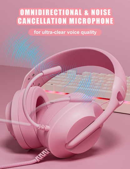 WIRWTRU S30 Gaming Headset - Wired, Lightweight, Noise Cancelling Mic, Soft Earmuffs, Pink, Compatible with Xbox, PS5, PC