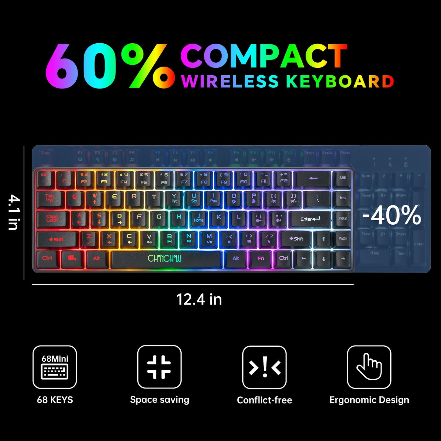 CHONCHOW Wireless Gaming Keyboard and Mouse Combo, 68-Key LED Backlit, Rechargeable 2000mAh, Portable Waterproof for PC/Mac Gamers