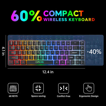 CHONCHOW Wireless Gaming Keyboard and Mouse Combo, 68-Key LED Backlit, Rechargeable 2000mAh, Portable Waterproof for PC/Mac Gamers