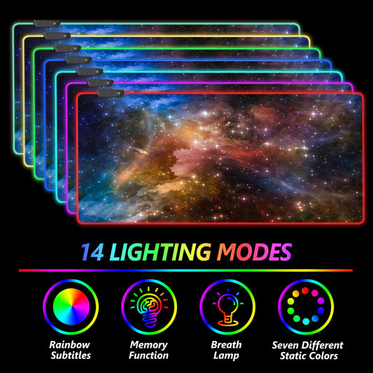 AIMSA Large RGB Gaming Mouse Pad - 35.4"x15.8", Non-Slip Rubber Base, Colorful Galaxy Nebula, 14 Lighting Modes
