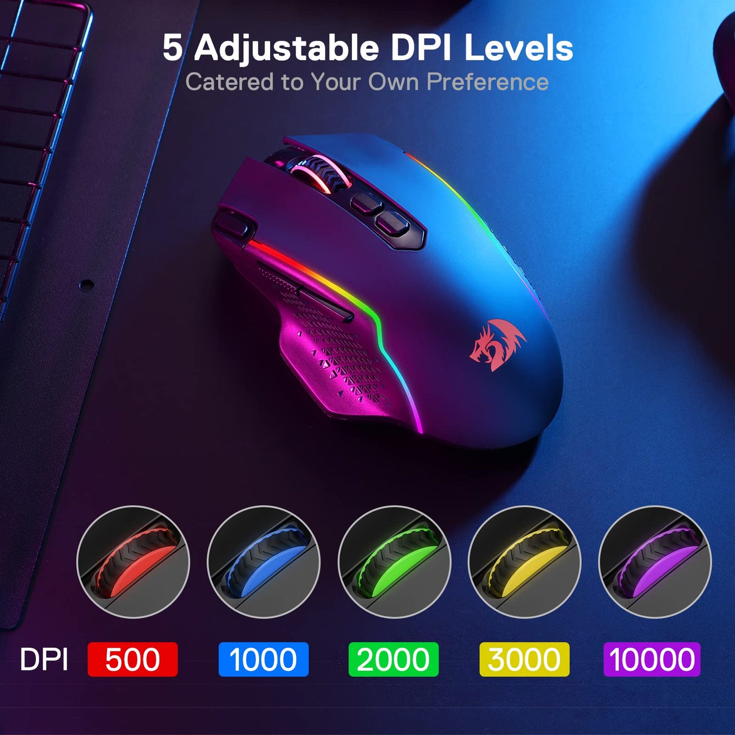 Redragon M810 Pro Wireless Gaming Mouse - 10000 DPI, RGB Backlit, 8 Macro Buttons, Black