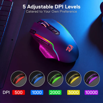 Redragon M810 Pro Wireless Gaming Mouse - 10000 DPI, RGB Backlit, 8 Macro Buttons, Black