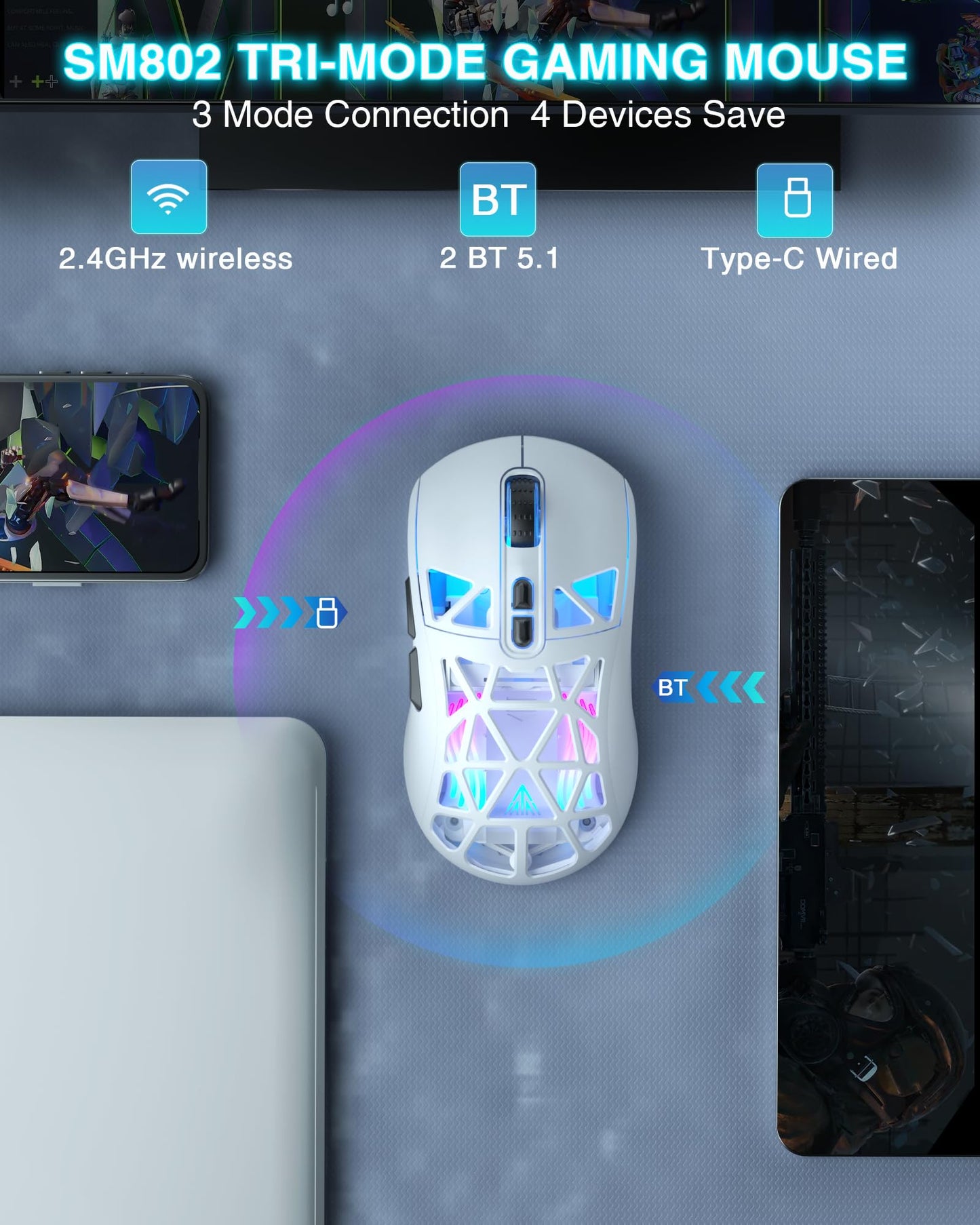 SOLAKAKA SM802 White Wireless Gaming Mouse, 10000 DPI, Tri-Mode, RGB, Programmable Macro, Side Button, for Laptop