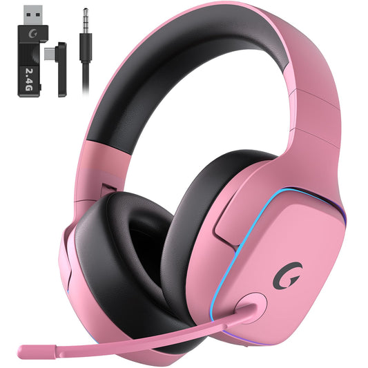 Gvyugke 2.4GHz Wireless Gaming Headsets for PS5  PS4  PC  Switch - Bluetooth 5.3 Gaming Headphones with Noise Canceling Mic  7.1 Surround Sound  70H Battery  Blue Lighting - Blush Pink
