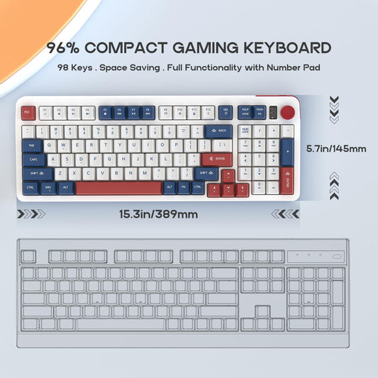 Hofotek 96% Wired Gaming Keyboard - Creamy Membrane, Silent, Number Pad & Volume Knob, Blue/Red/White, Model 920