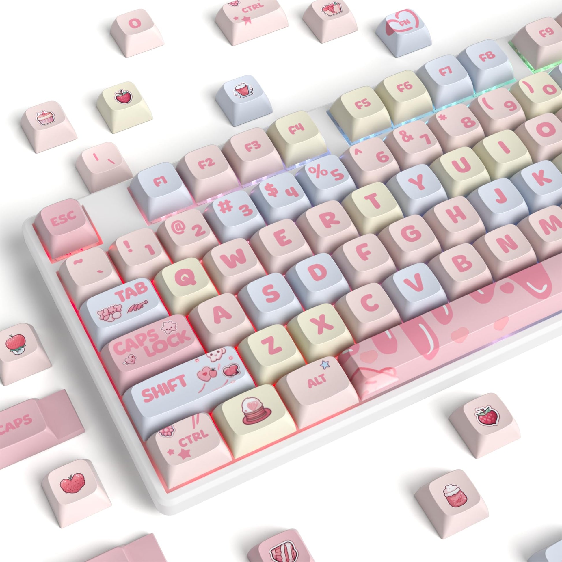 Ussixchare XDA Profile Keycaps 133 Keys PBT Keycap Dye-Sublimation Custom Keycaps for MX Switches 60% 75% 100% Mechanical Gaming Keyboards(Cream Strawberry)