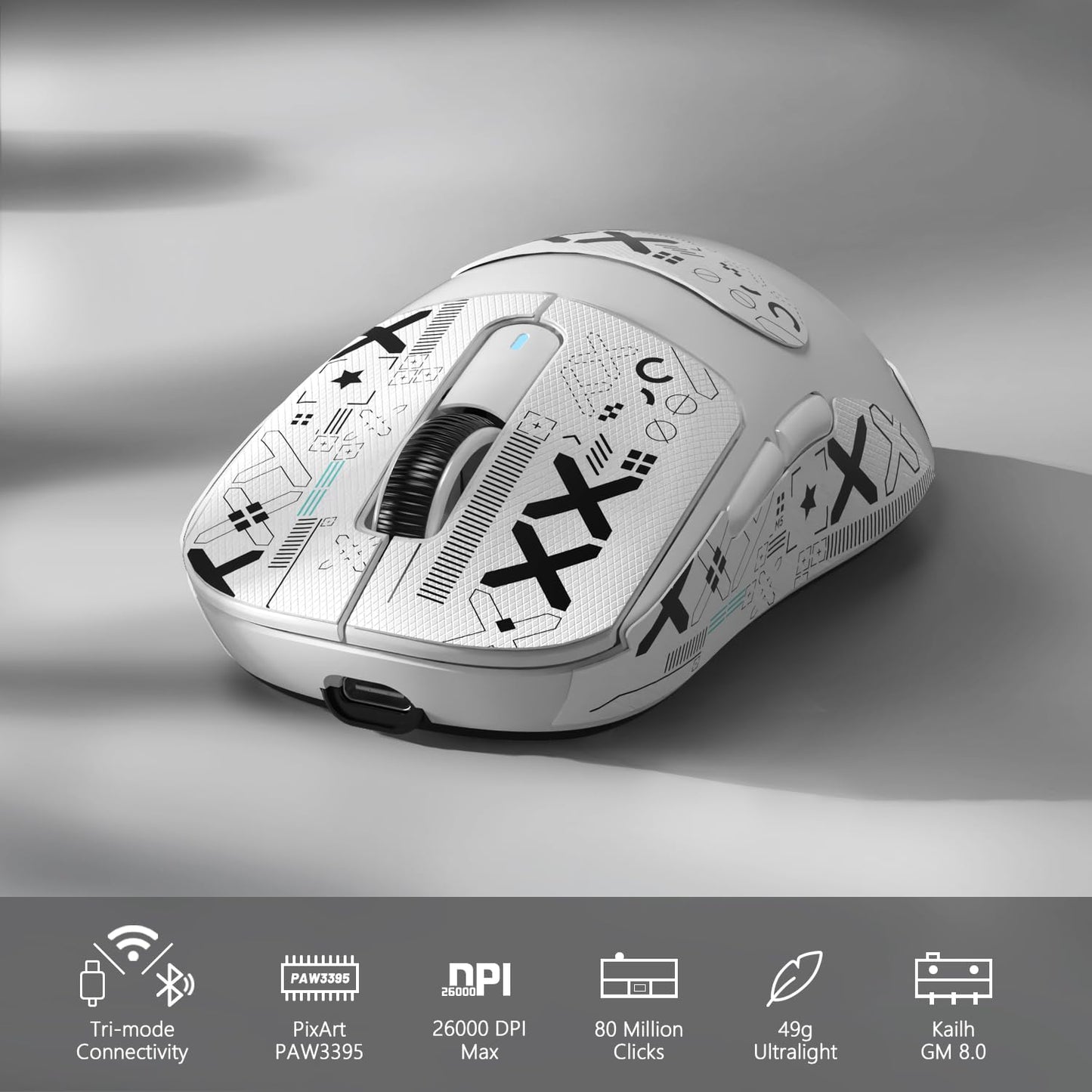 MAMBASNAKE Attack Shark X3 Wireless Gaming Mouse - 49g Ultralight, 26000 DPI, Bluetooth/2.4Ghz/Wired, White&Tape