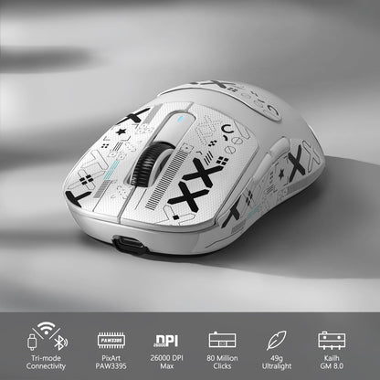 MAMBASNAKE Attack Shark X3 Wireless Gaming Mouse - 49g Ultralight, 26000 DPI, Bluetooth/2.4Ghz/Wired, White&Tape