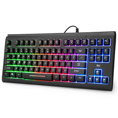 Rii Wired USB RGB Backlit Keyboard - Compact, Silent Keystroke, Black, Model RK104 for Home Office & Gaming