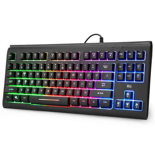 Rii Wired USB RGB Backlit Keyboard - Compact, Silent Keystroke, Black, Model RK104 for Home Office & Gaming
