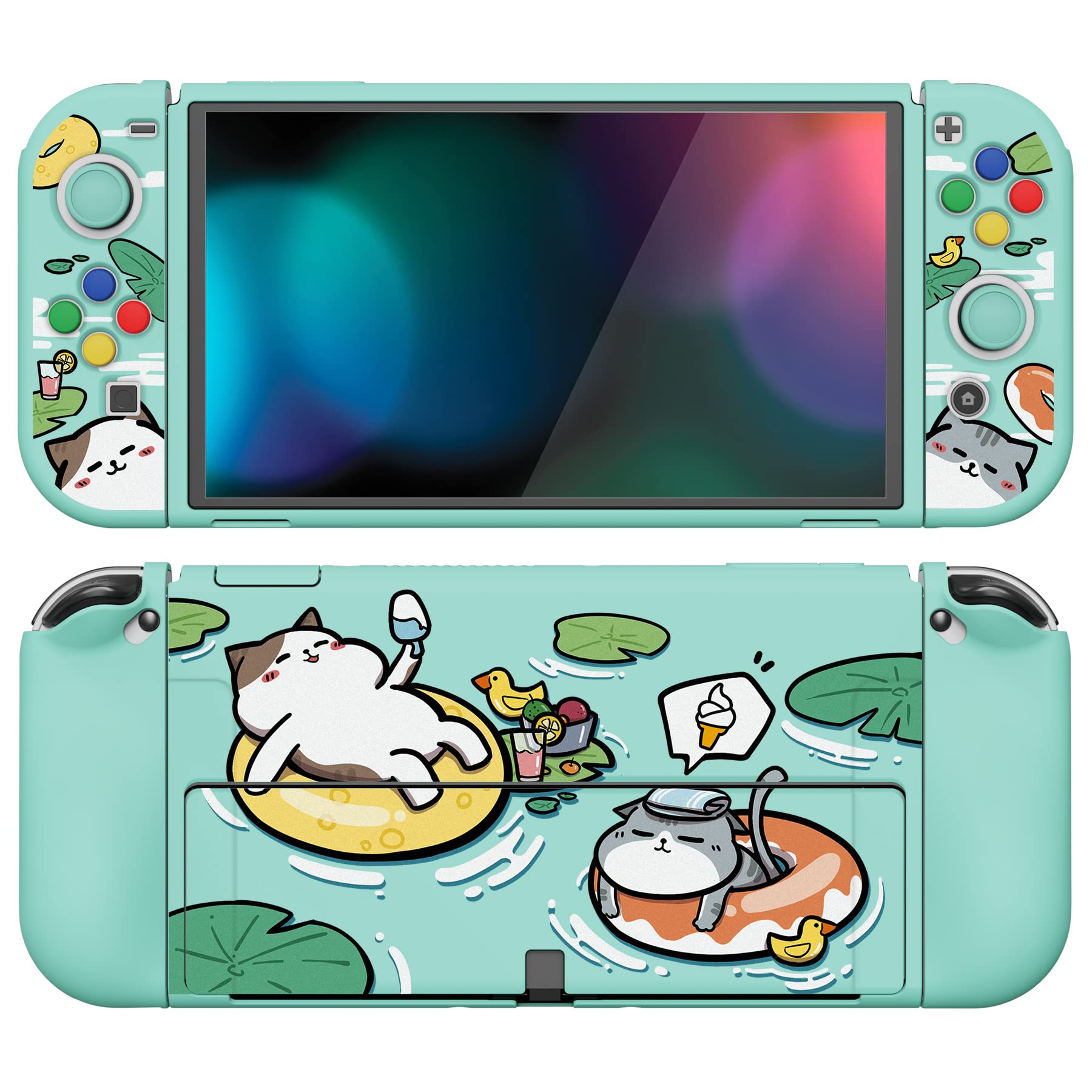 PlayVital ZealProtect Soft Protective Case for Nintendo Switch OLED  Flexible Protector Joycon Grip Cover for Nintendo Switch OLED with Thumb Grip Caps & ABXY Direction Button Caps - Pool Party Kitten