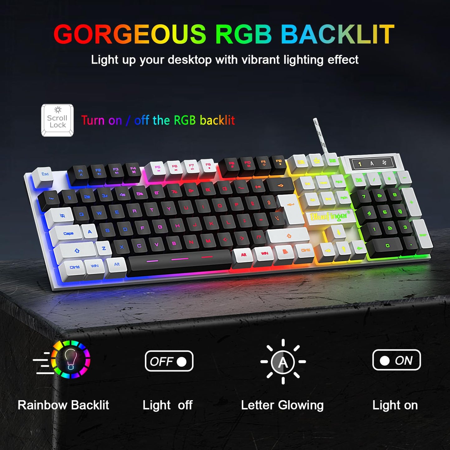 BlueFinger RGB Gaming Keyboard & Backlit Mouse Combo, USB Wired LED Set, White & Black