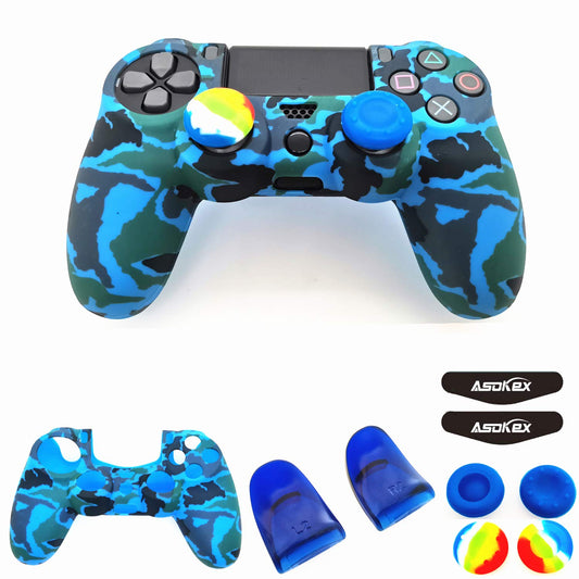 Silicone Skin Cover for Ps4 Controller (1pc Anti-Slip Case  1 Pair L2 R2 Trigger Extender  4pcs Thumb Grips 4pcs LED Light Bar Decal) Protector for DualShock PS4/ Slim/Pro Controller (Blue camouflage)