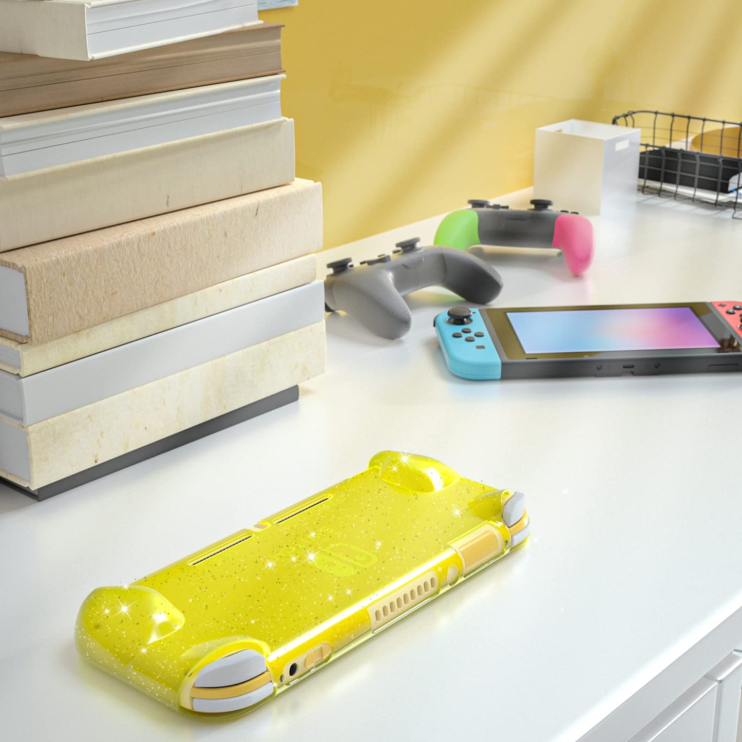 ECHZOVE Switch Lite Case - Protective Glitter Yellow Rubber Cover with Grips