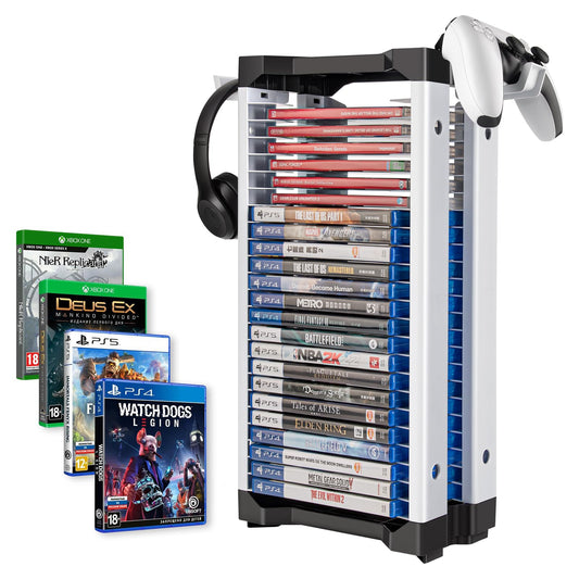 ASFSKY Video Game Storage Tower - 24 Game Holder Stand with 2 Hooks for Controllers Universal Organizer Compatible with PS5  PS4  Xbox  Switch Games (23)