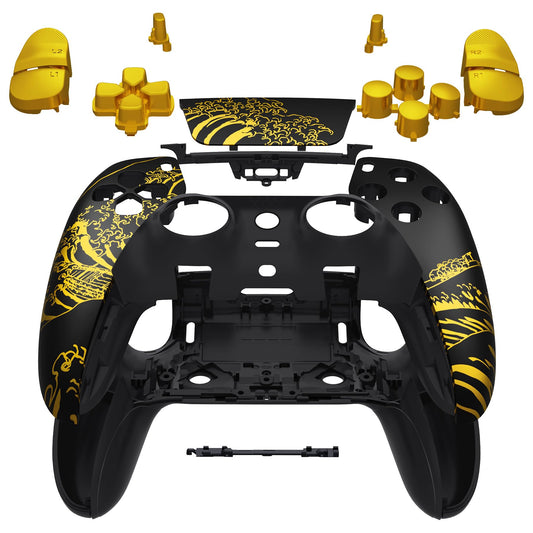 eXtremeRate Full Set Shell with Buttons Touchpad Cover Compatible with p s 5 Edge Controller  Replacement Decorative Trim Shell Front Back Plates - The Great Golden Wave Off Kanagawa - Black