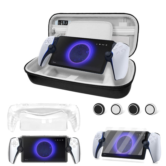 ARVOK 7 in 1 Accessoris Kit Compatible with Playstation Portal  EVA Carrying Case for PS5 Portal with Clear Skin Protective Case  1 Screen Protectors with 4 Thumb Grip  holds accessories  Black