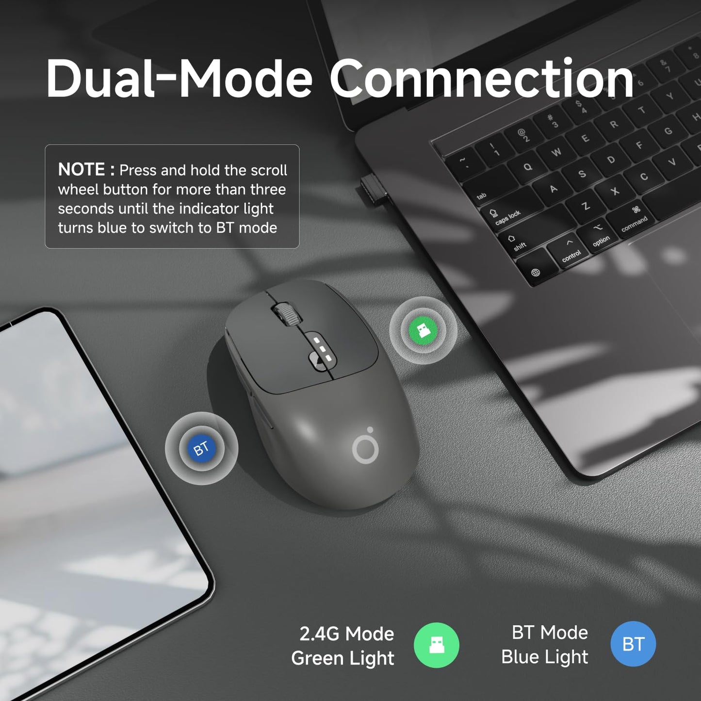 SEUNKWANG Q5 Wireless Mouse - Bluetooth & 2.4G, 1600 DPI, Ergonomic, Black