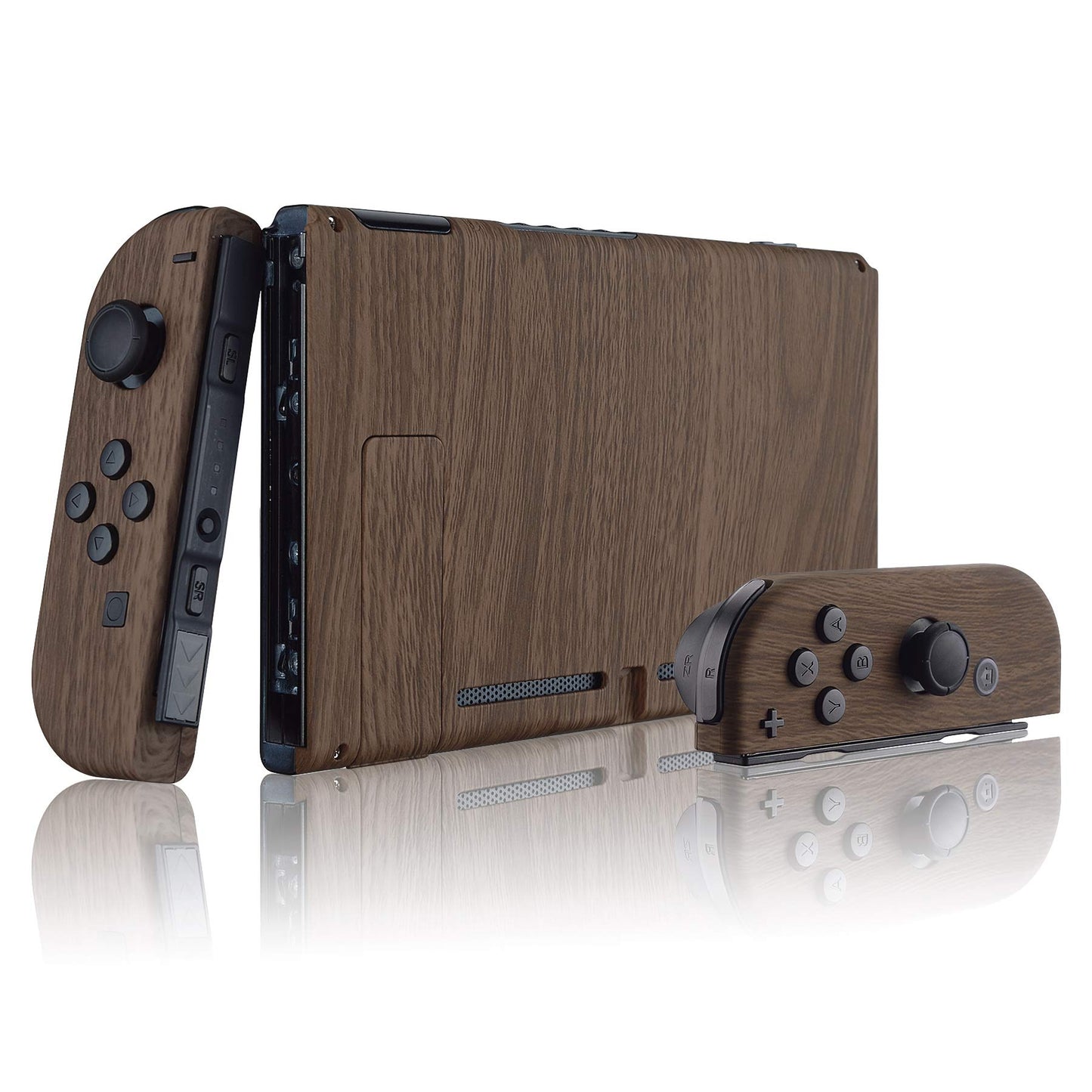eXtremeRate DIY Replacement Shell Buttons for Nintendo Switch - Soft Touch Back Plate, Full Set, Wood Grain, Model QS201