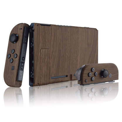 eXtremeRate DIY Replacement Shell Buttons for Nintendo Switch - Soft Touch Back Plate, Full Set, Wood Grain, Model QS201