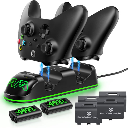 Controller Charger Station with 2x4800mWh Rechargeable Battery Packs Compatible with Xbox One/Elite/Series X|S  Controller Charging Dock  XB Gaming Accessories with 9 RGB Modes and 4 Battery Covers