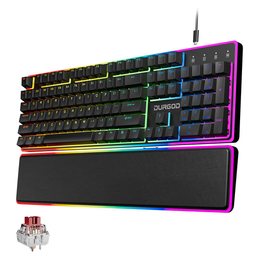 DURGOD TGK021 Mechanical Gaming Keyboard  104 Keys Wired Keyboard with Magnetic Wrist Rest  RGB Backlit  Hot Swappable Linear Red Switch for PC/Mac/Laptop  Fully Anti-ghosting  Multimedia Keys
