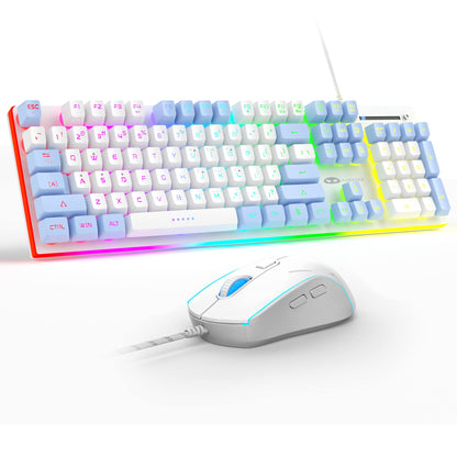 MageGee Gaming Keyboard and Mouse Combo, RGB Backlit, 104 Keys, Wired, White/Blue
