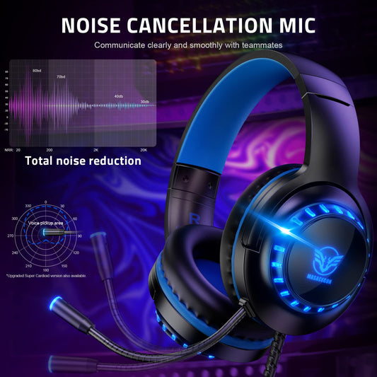 Pacrate H-11 Gaming Headset - Noise Cancelling, LED Lights, PS5/PS4/Xbox/PC, Black Blue