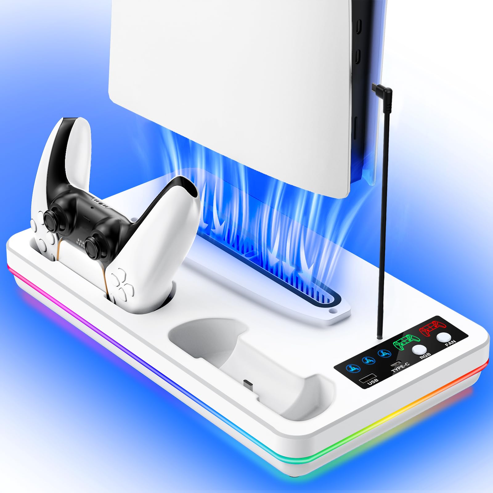 PS5/PS5 Slim/PS5 Pro Stand and Cooling Station with Controller Charging Station for PlayStation 5 Slim&Standard Disc/Digital Console  10 RGB Light PS5 Cooler Accessories Incl 3 Levels Cooling Fan