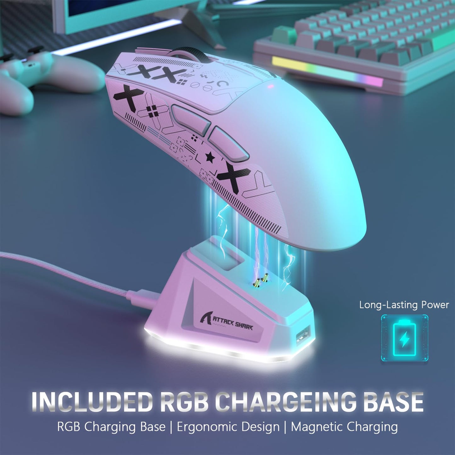 MAGIC-REFINER Attack Shark X11 Wireless Gaming Mouse, 22000 DPI, RGB Dock, White & Griptape, 5 Programmable Buttons for PC/Mac