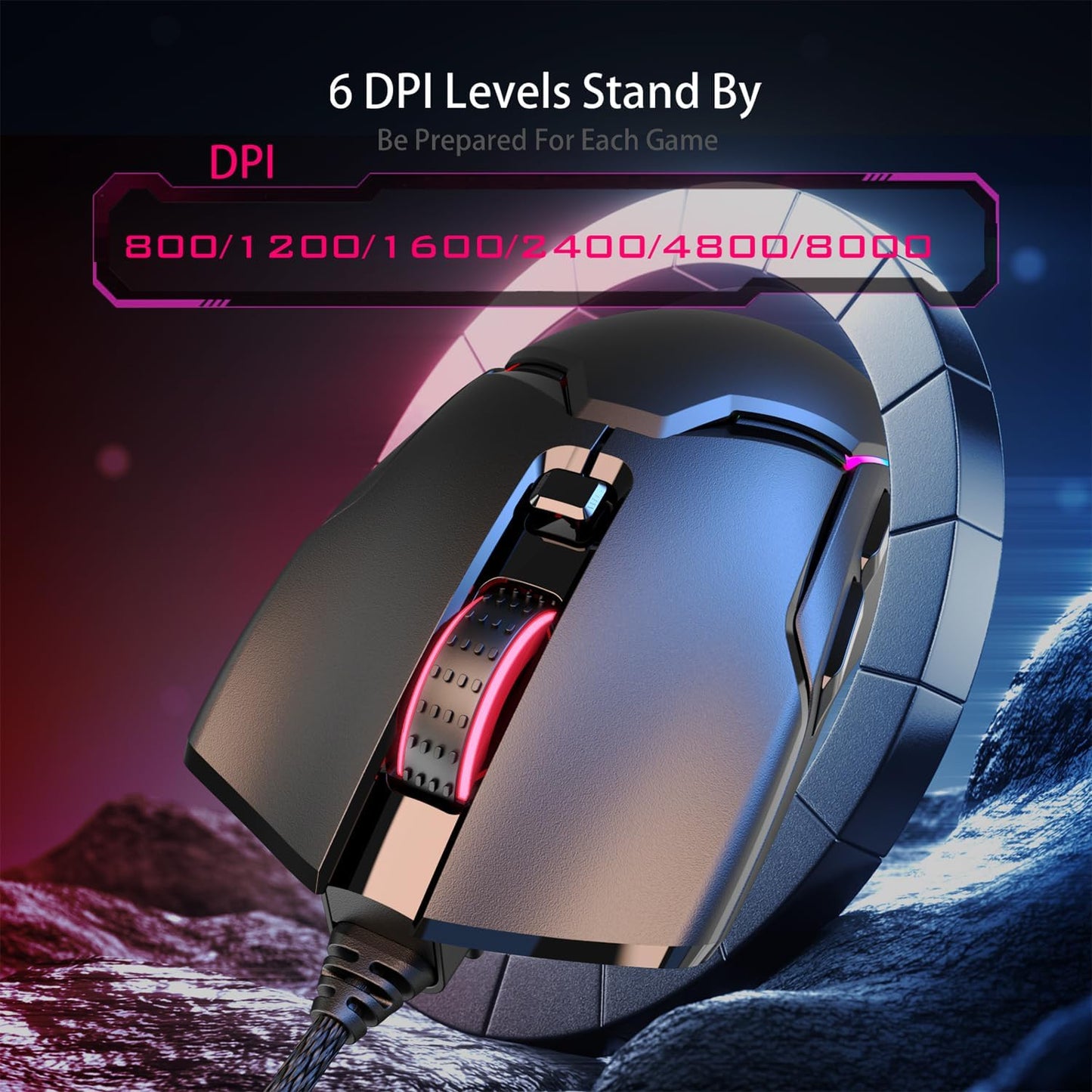 SPEEDORA Wired Ergonomic Mouse, 8000 DPI, 12 Backlit Modes, Customizable Keys, Model AH-CMD6-34N7, Black