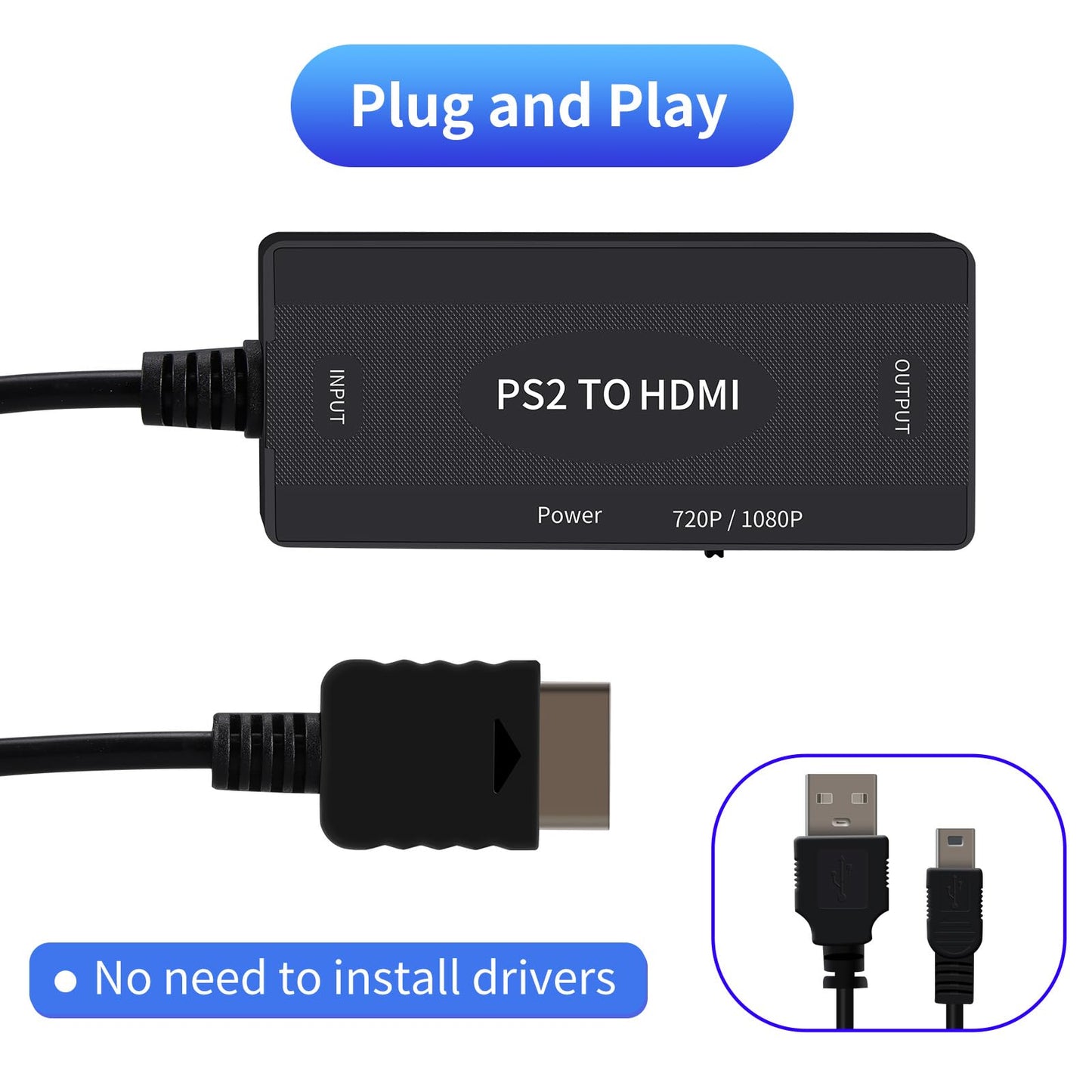 TECTINTER PS2 to HDMI Adapter - HD Signal Converter for PS2/PS3/PS1, Supports 4:3/16:9, USB Power Cable, Black