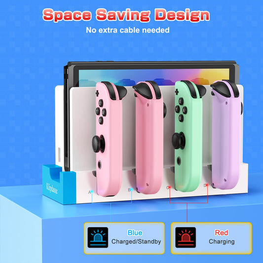 Klipdasse Charging Dock for Nintendo Switch & OLED Model – LED Indicator, Charges 4 Joycons, Blue-White, Model NT170DW