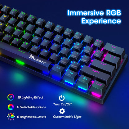Pauroty 60% Wireless Mechanical Keyboard, RGB Backlit, Clicky Blue Switch, Mini 61 Keys, 2.4G/USB-C/Bluetooth, Black, Model PC335