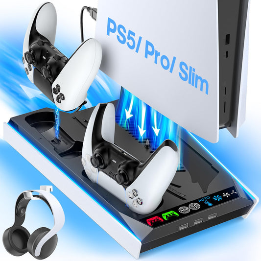 Tokluck PS5 Cooling Station with Auto Turbofan & 3-Level Speed, Vertical Stand & Controller Charger, White and Black