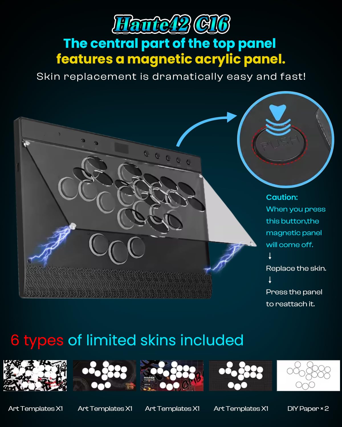 Sehawei Haute42 C16 Arcade Controller - Leverless, RGB Button Rims, Magnetic Panel, Black, Compatible with PC/Switch/PS3/PS4/Steam Deck