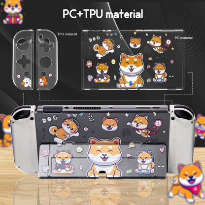 NANANINO Switch OLED Hard Shell Case - Cute Dog Pattern, Includes Paw Grips & Screen Protector, Clear, Model NN-25-Dog