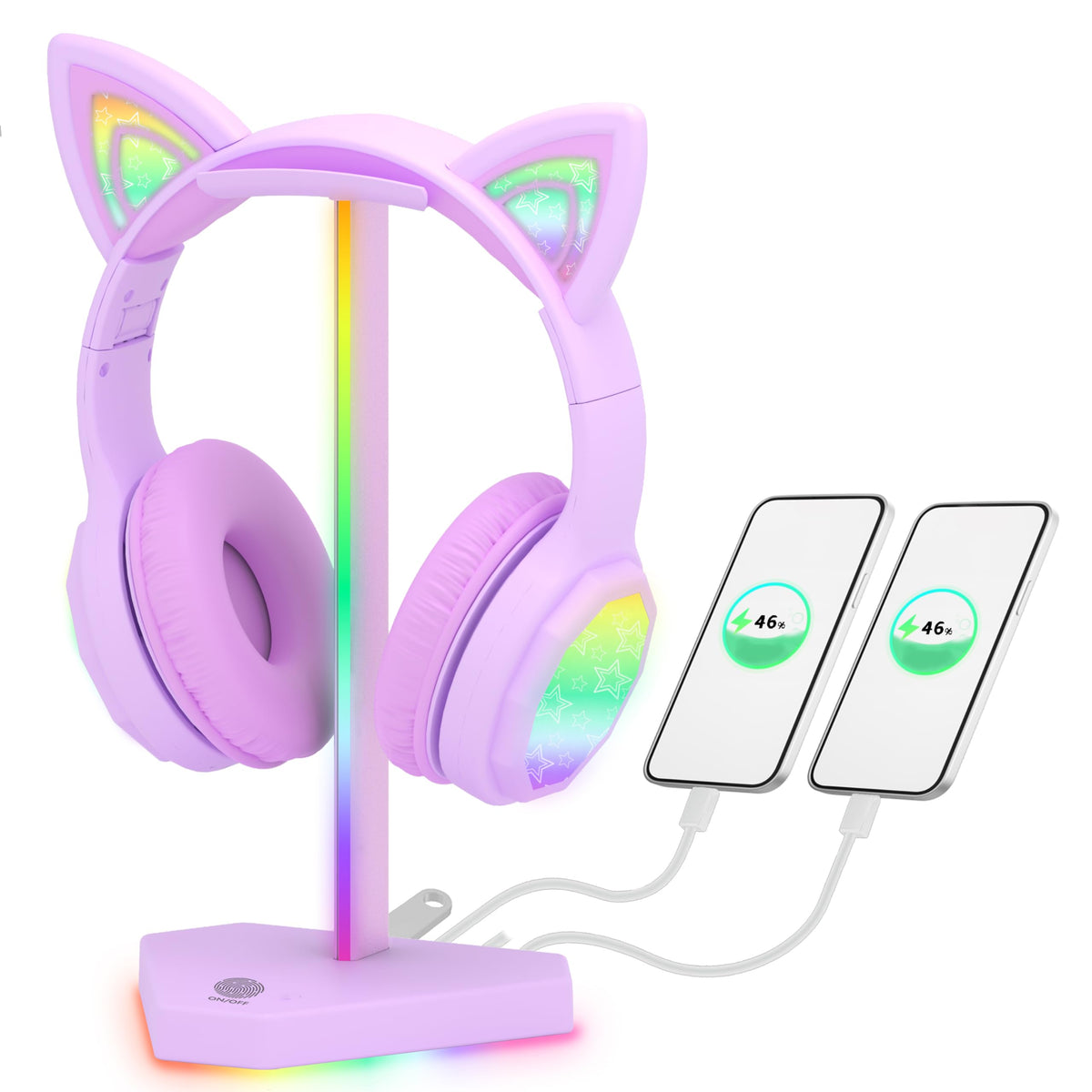 ???????? ?????? RGB Headphones Stand with 1 USB-C Data Transmission& 3 Type-C Charging Port  Desk Gaming Headset Holder with 7 Light Modes and Non-Slip Rubber Base (Purple)