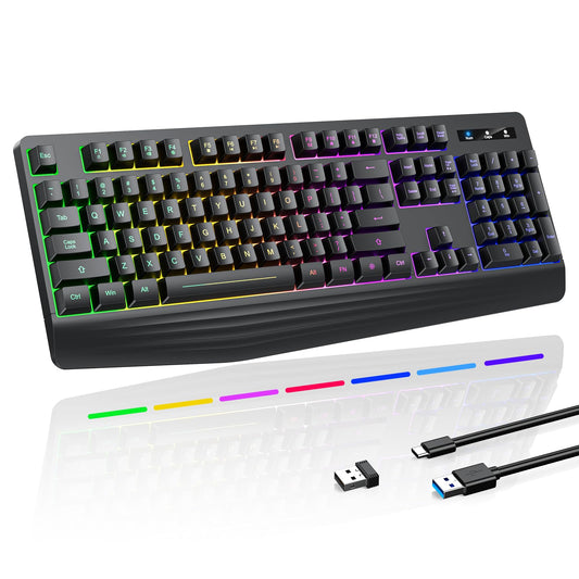 Wireless Gaming Keyboard  RGB & Single-Color Backlit  Full-Size Waterproof Computer Keyboard  Silent Keys  Wrist Rest  Sleep Mode  Rechargeable 2.4G Wireless Keyboard for Windows  Mac  PC  Laptop