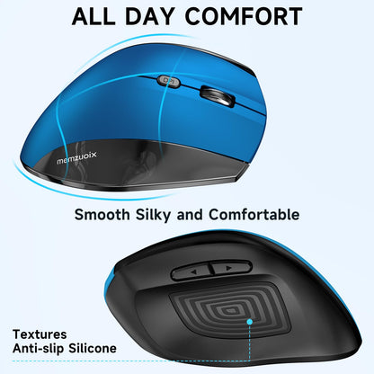 memzuoix Ergonomic Vertical Wireless Mouse - 2.4G Optical, 3 DPI Levels, Large Size, Steel Blue, Model WM-791