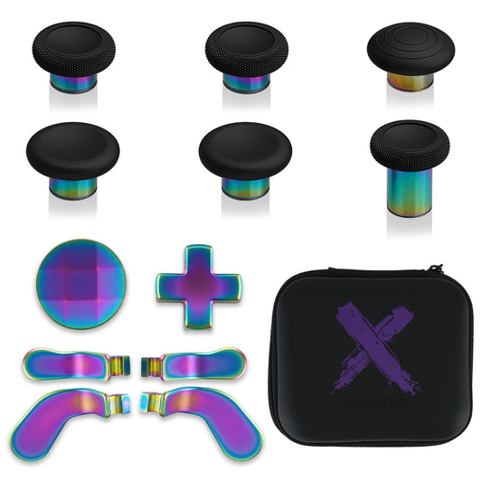 eXtremeRate 13 in 1 Component Pack Kit for Xbox Elite Series 2 Controller  6 Metal Thumbsticks & Tool  2 D-Pads  4 Paddles for Xbox Elite Series 2 Core Controller - Metallic Rainbow Aura Blue & Purple