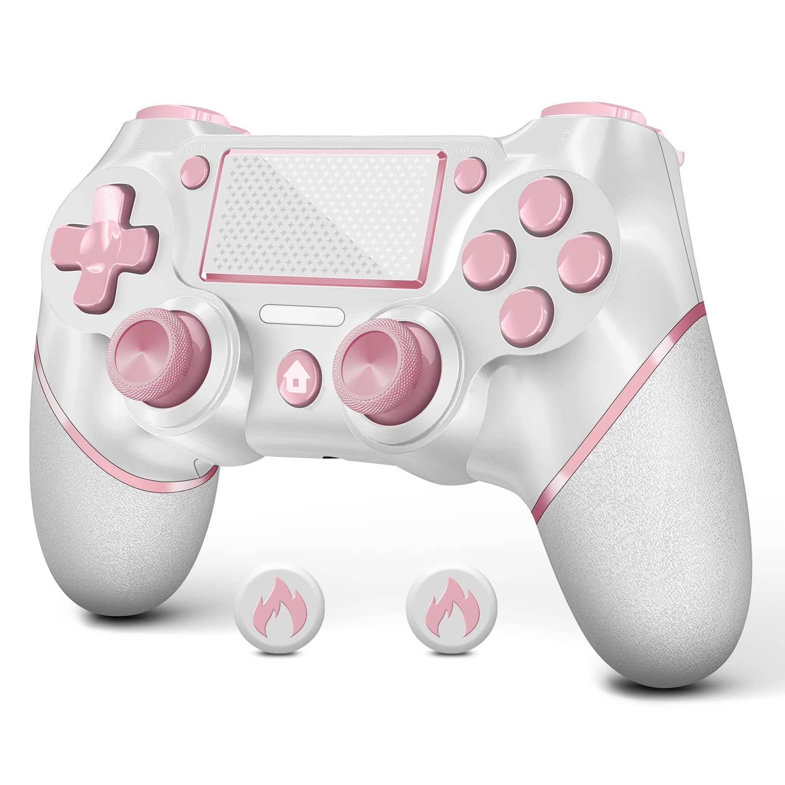 AceGamer Wireless Controller for PS4  Custom Design V2 Gamepad Joystick for PS4 with Non-Slip Grip of Both Sides and 3.5mm Audio Jack! Thumb Caps Included! (Pink-White)
