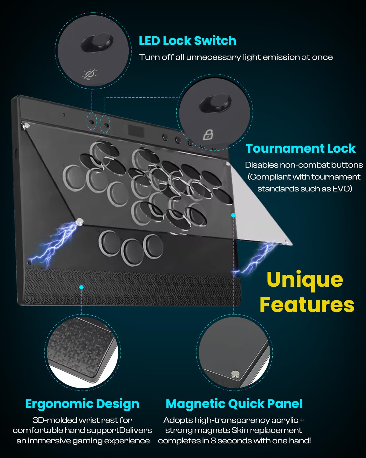 Sehawei Haute42 C16 Arcade Controller - Leverless, RGB Button Rims, Magnetic Panel, Black, Compatible with PC/Switch/PS3/PS4/Steam Deck