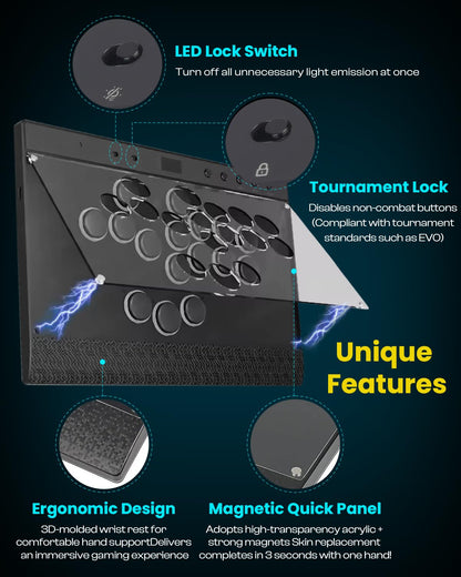 Sehawei Haute42 C16 Arcade Controller - Leverless, RGB Button Rims, Magnetic Panel, Black, Compatible with PC/Switch/PS3/PS4/Steam Deck