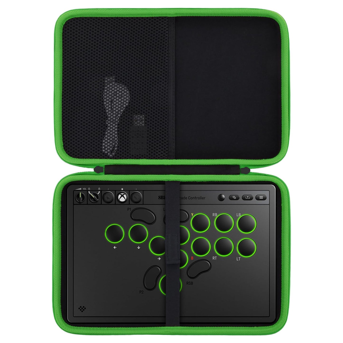 co2CREA Carrying Case Compatible with 8BitDo All-Button Arcade Controller (Black Case + Green Zipper)