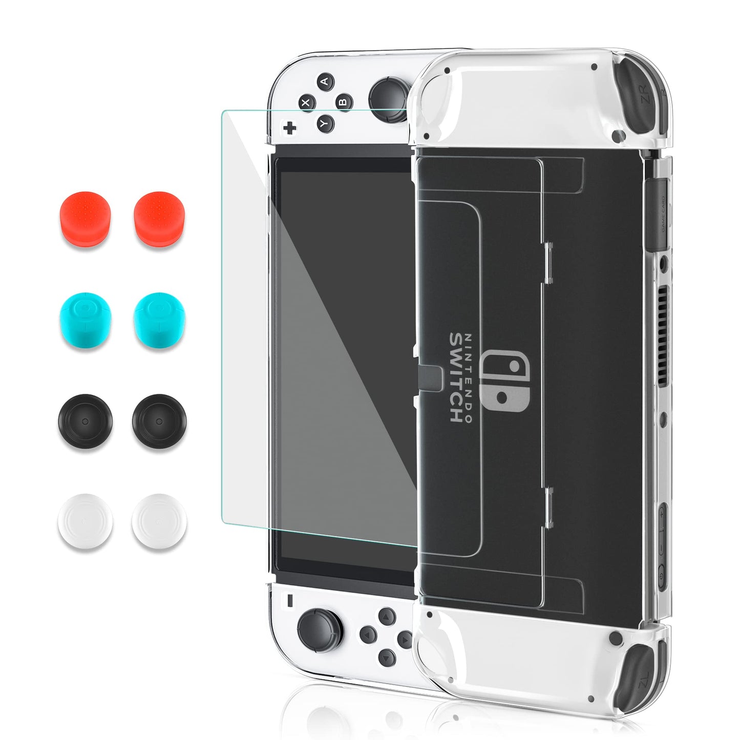 Improved Version - FANPL Transparent Case for Nintendo Switch OLED Model 2021  Protective Case Cover Compatible with Switch OLED  Clear Crystal Flip Shell with 1 Screen Protector 8 Thumb Grip Caps