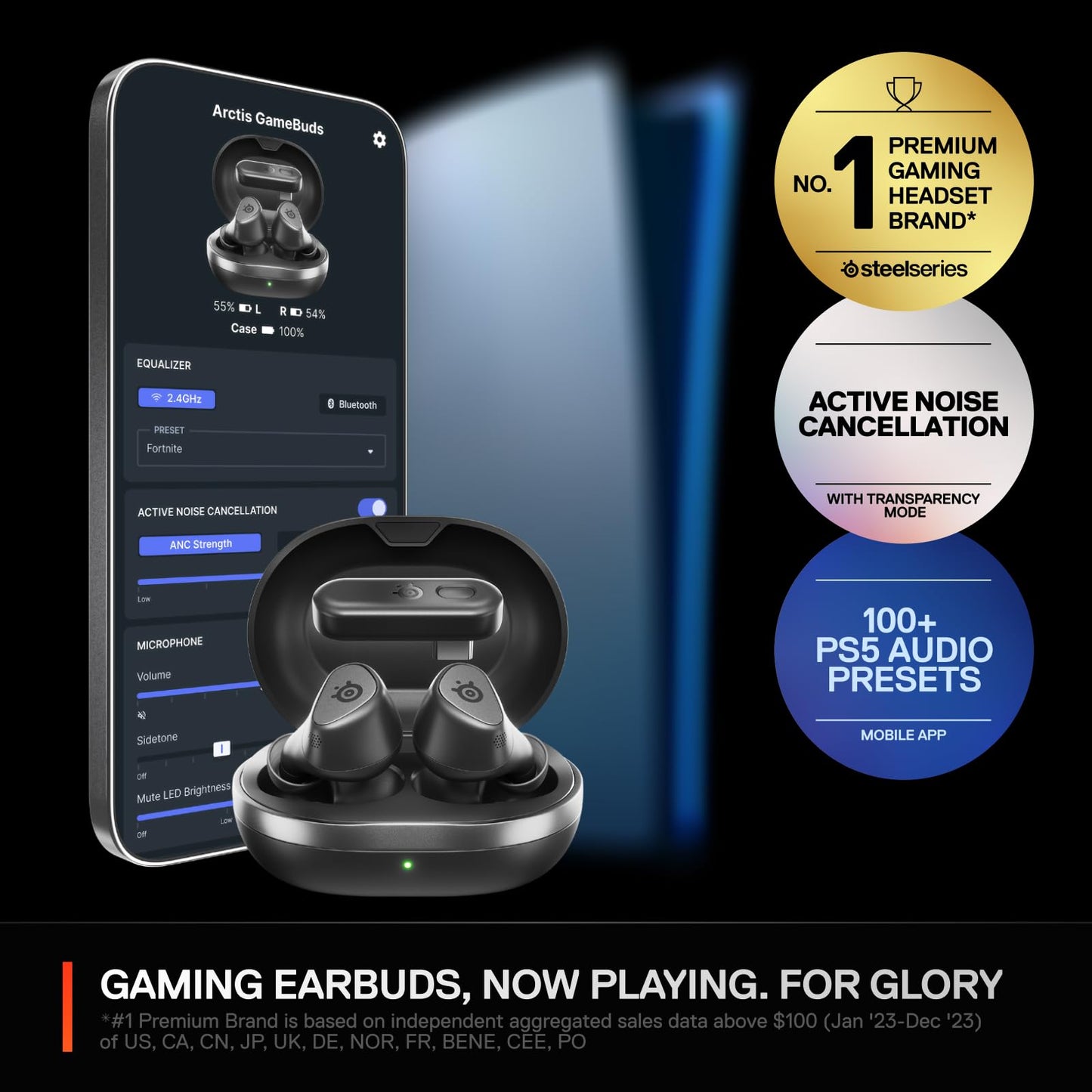 SteelSeries Arctis GameBuds - 2.4GHz & Bluetooth 5.3 Earbuds, Active Noise Cancelling, IP55, 40H Battery, Black, One Size,