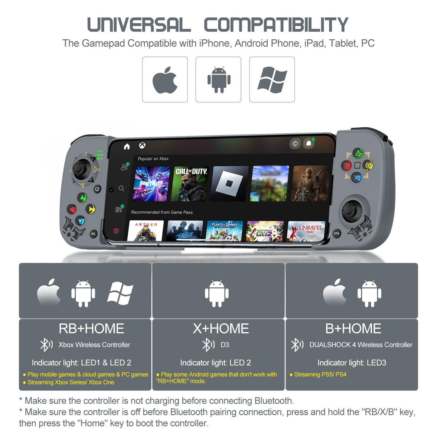 Joso Wireless Game Controller for Android & iPhone - Bluetooth Joystick for Samsung Galaxy & COD Mobile - Grey